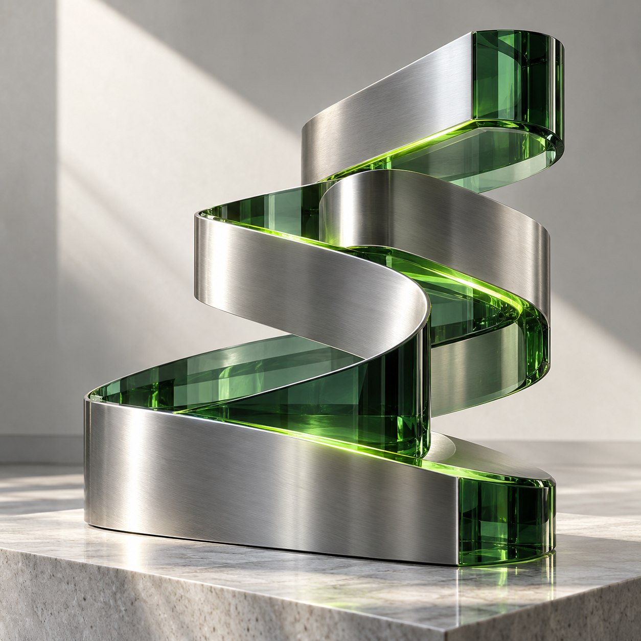 Interconnected emerald glass and brushed metal ribbons forming an architectural sculpture